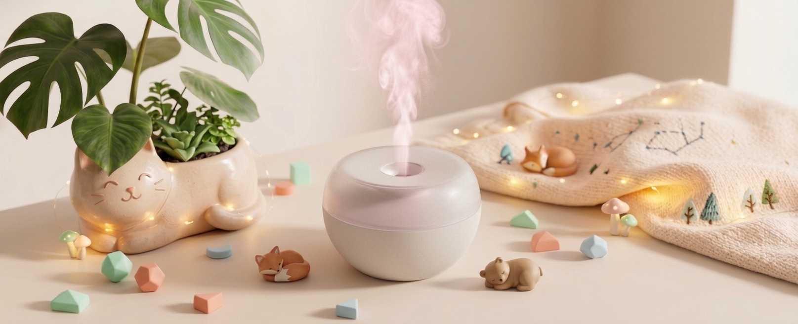 Pastel aroma diffuser releasing soft mist beside plants and fairy lights